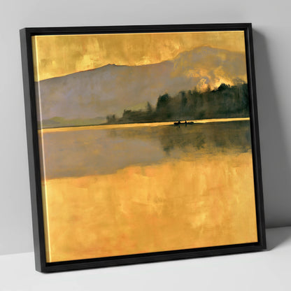 Still Lake in Golden Dawn lake district lake canvas wall art in black frame