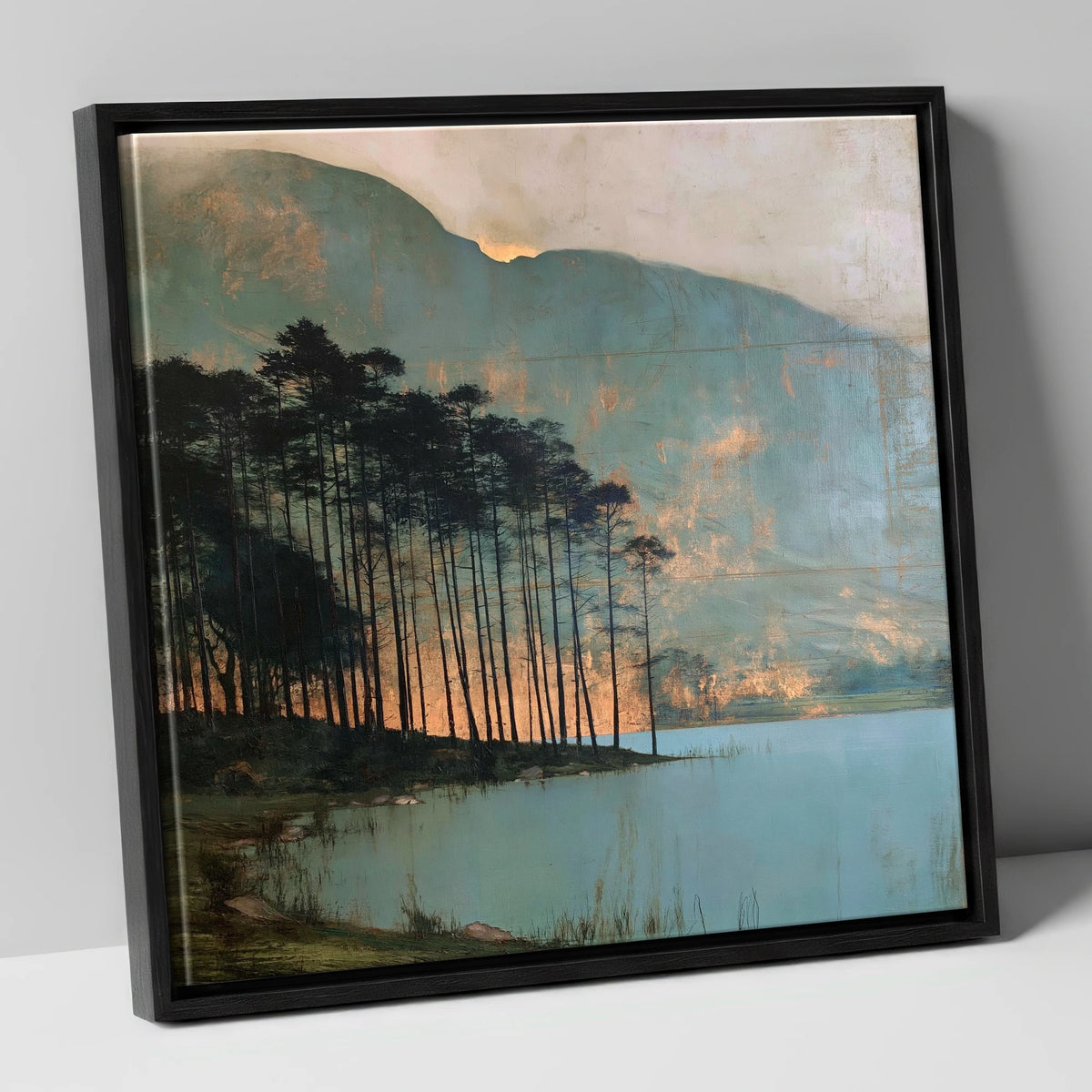 Buttermere Pines in Golden Light lake district lake canvas wall art in black frame