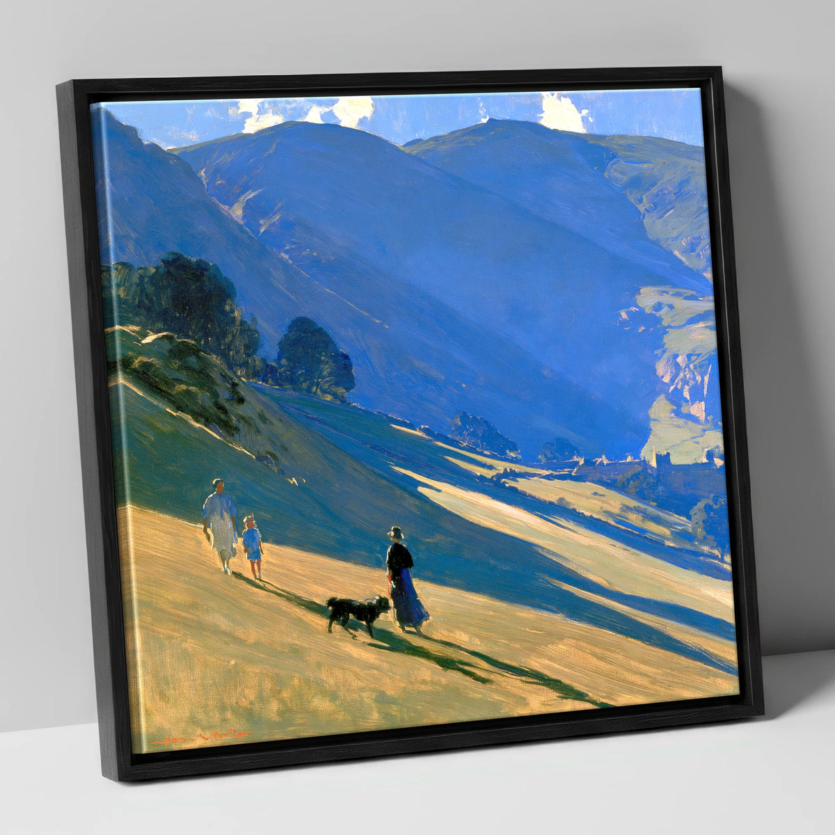 Sunlit Dog Walk at Patterdale gifts for dog walkers canvas wall art in black frame