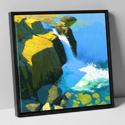 Sunlit Cascade over High Fell Rocks lake district waterfall canvas wall art in black frame