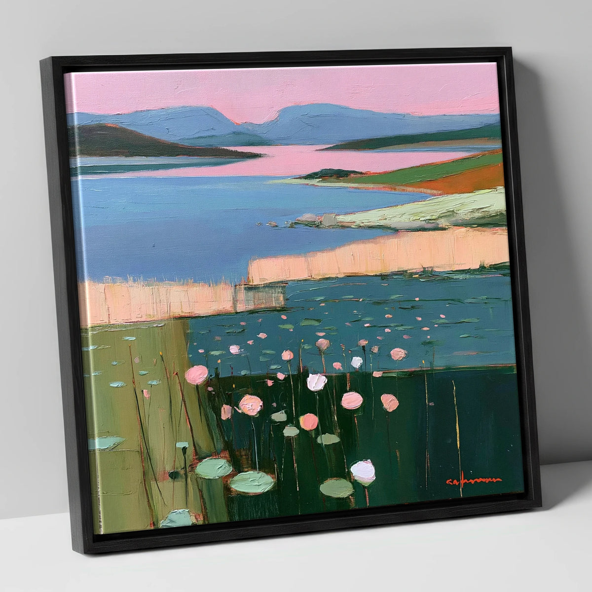 Lake Fells Under Pink Sky lake district lake canvas wall art in black frame