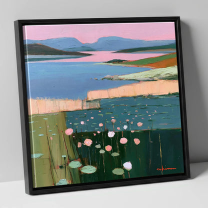 Lake Fells Under Pink Sky lake district lake canvas wall art in black frame