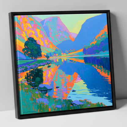 Vibrant Still Lake at Dawn lake district lake canvas wall art in black frame
