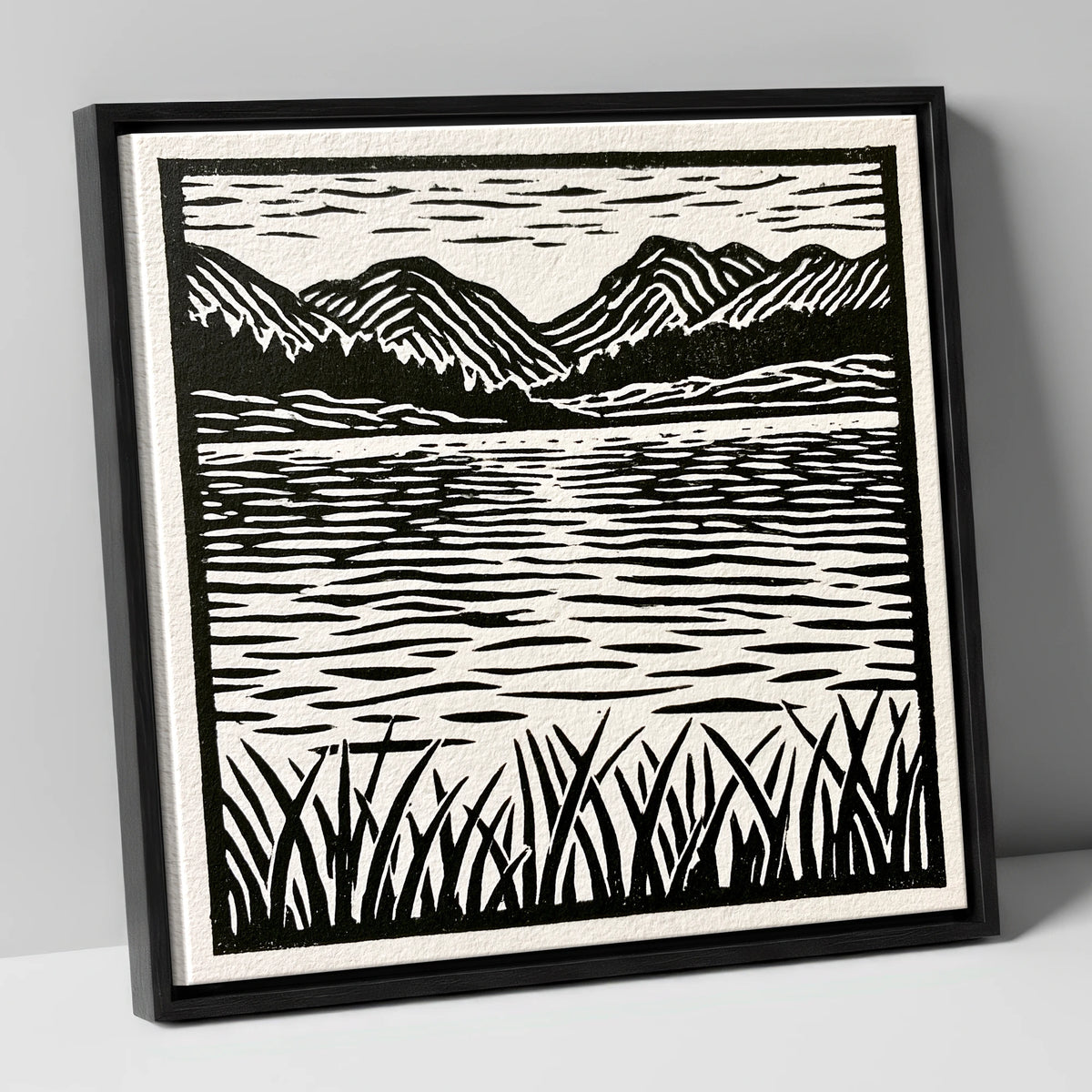 Calm Lake Reflections in Monochrome lake district lake canvas wall art in black frame