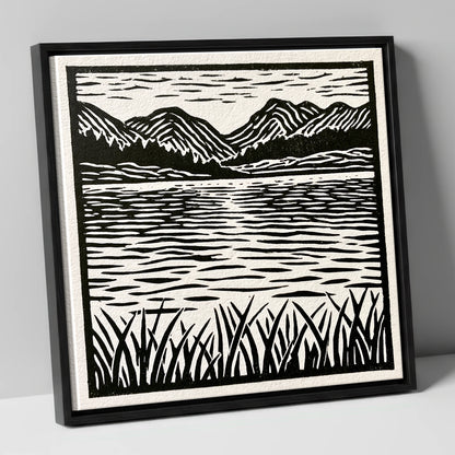 Calm Lake Reflections in Monochrome lake district lake canvas wall art in black frame