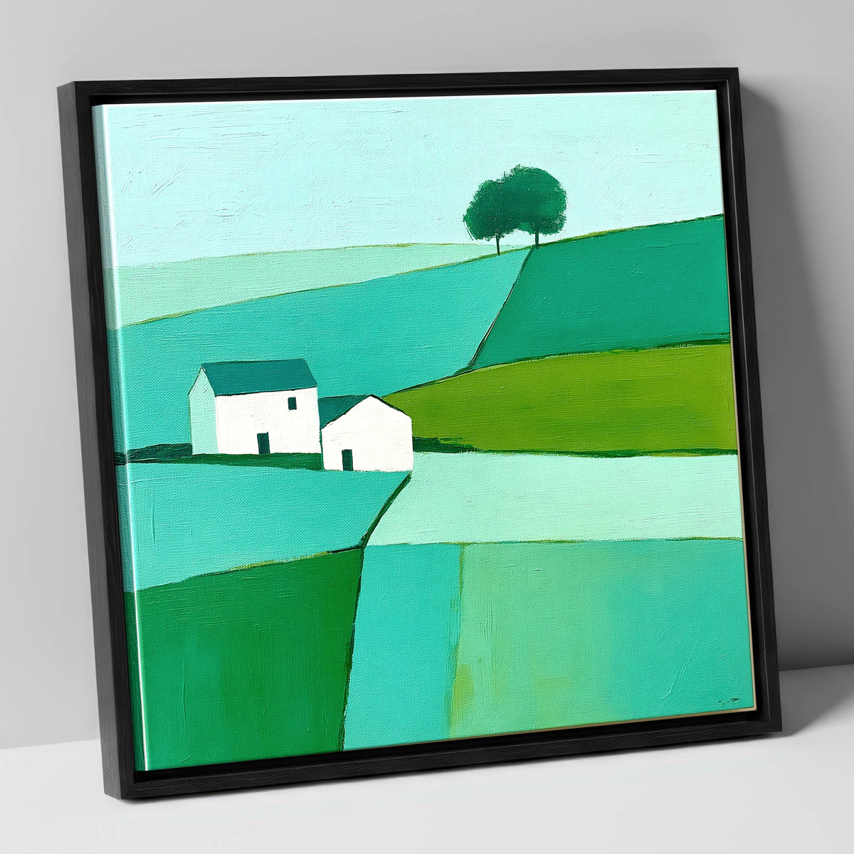 Near Sawrey Cottages In Bold Teal lake district village canvas wall art in black frame