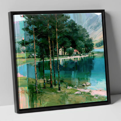 Pine Trees on Buttermere Shoreline lake district lake canvas wall art in black frame