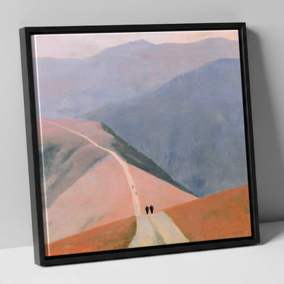 Walkers on a Pastel Mountain Path lake district walking canvas wall art in black frame