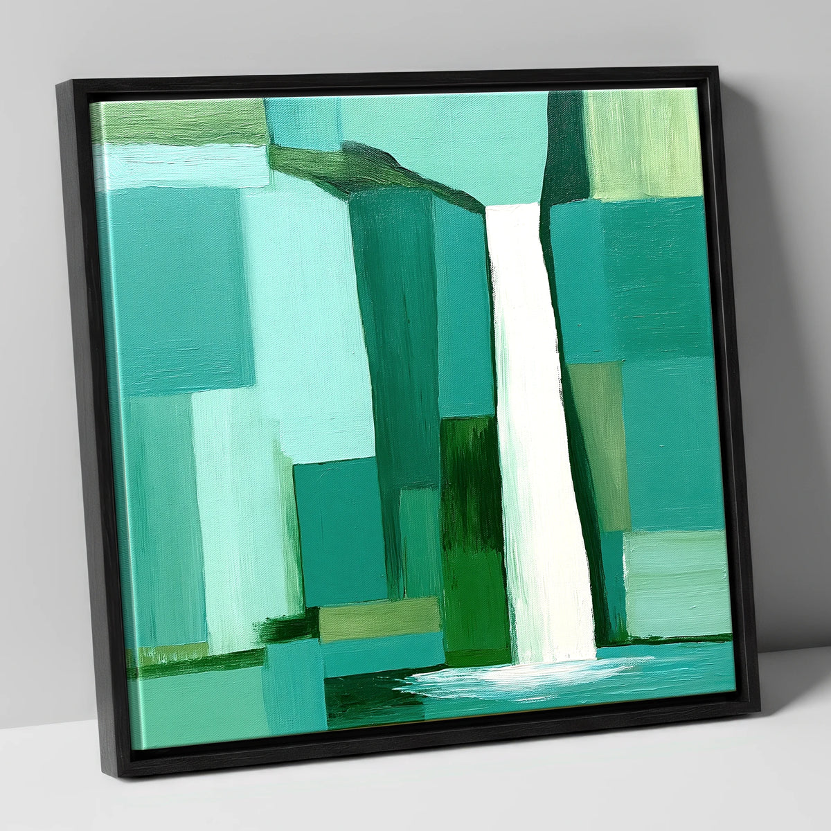 Scale Force Waterfall In Teal lake district waterfall canvas wall art in black frame