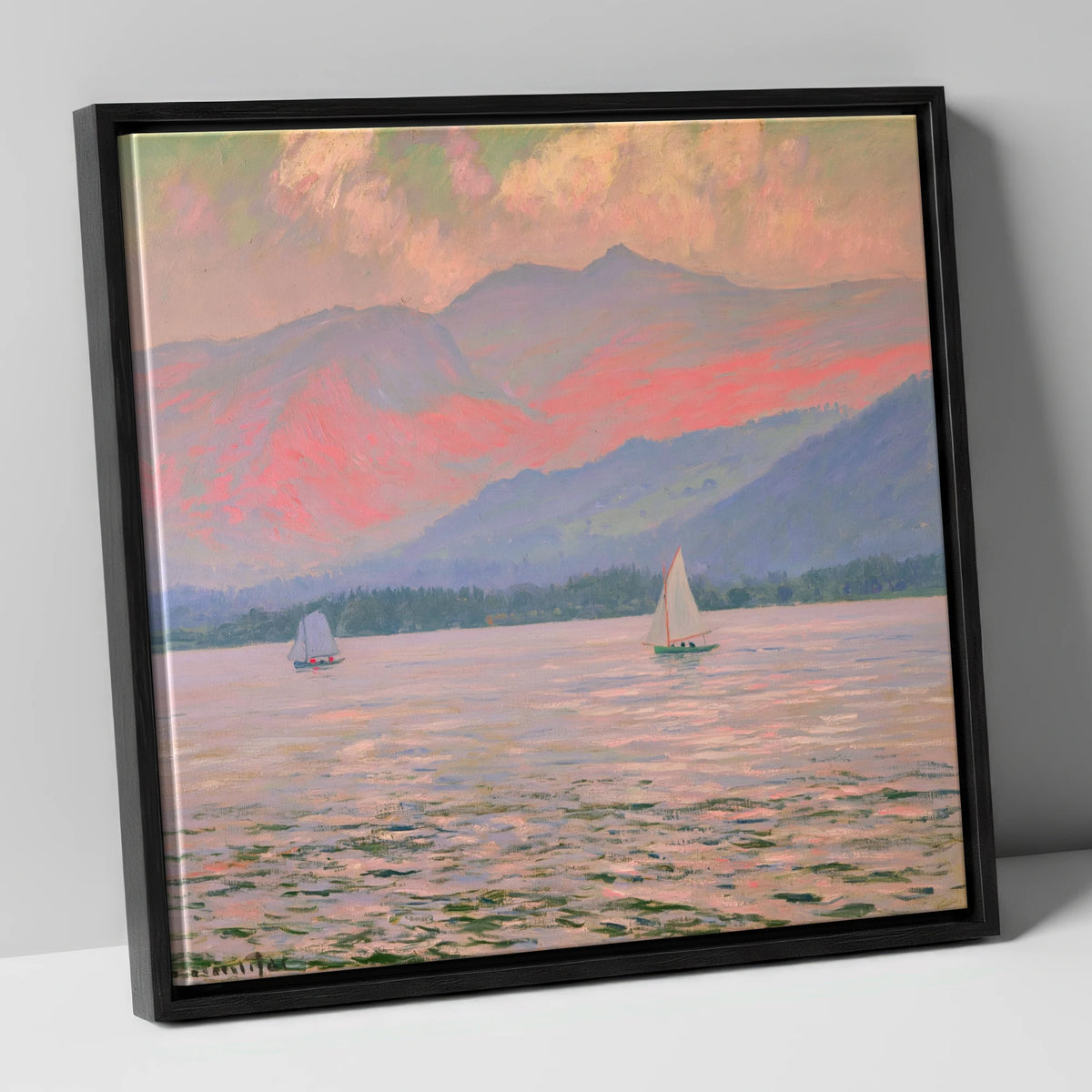 Windermere Sailboats In Rose Light lake district lake canvas wall art in black frame