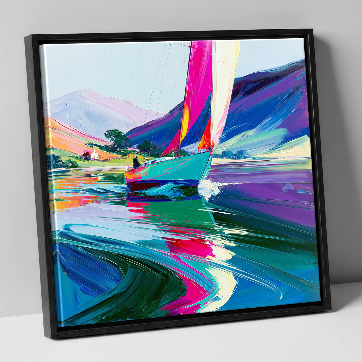 Bright Sails on a Breezy Lake lake district walking canvas wall art in black frame