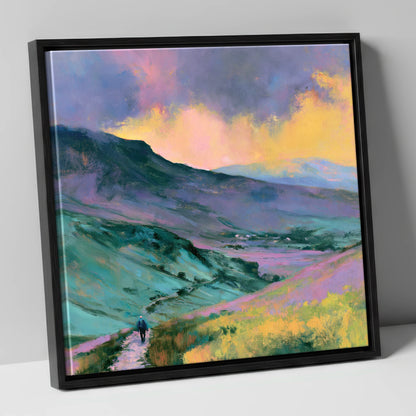 Fell Walker in Pastel Fells lake district walking canvas wall art in black frame