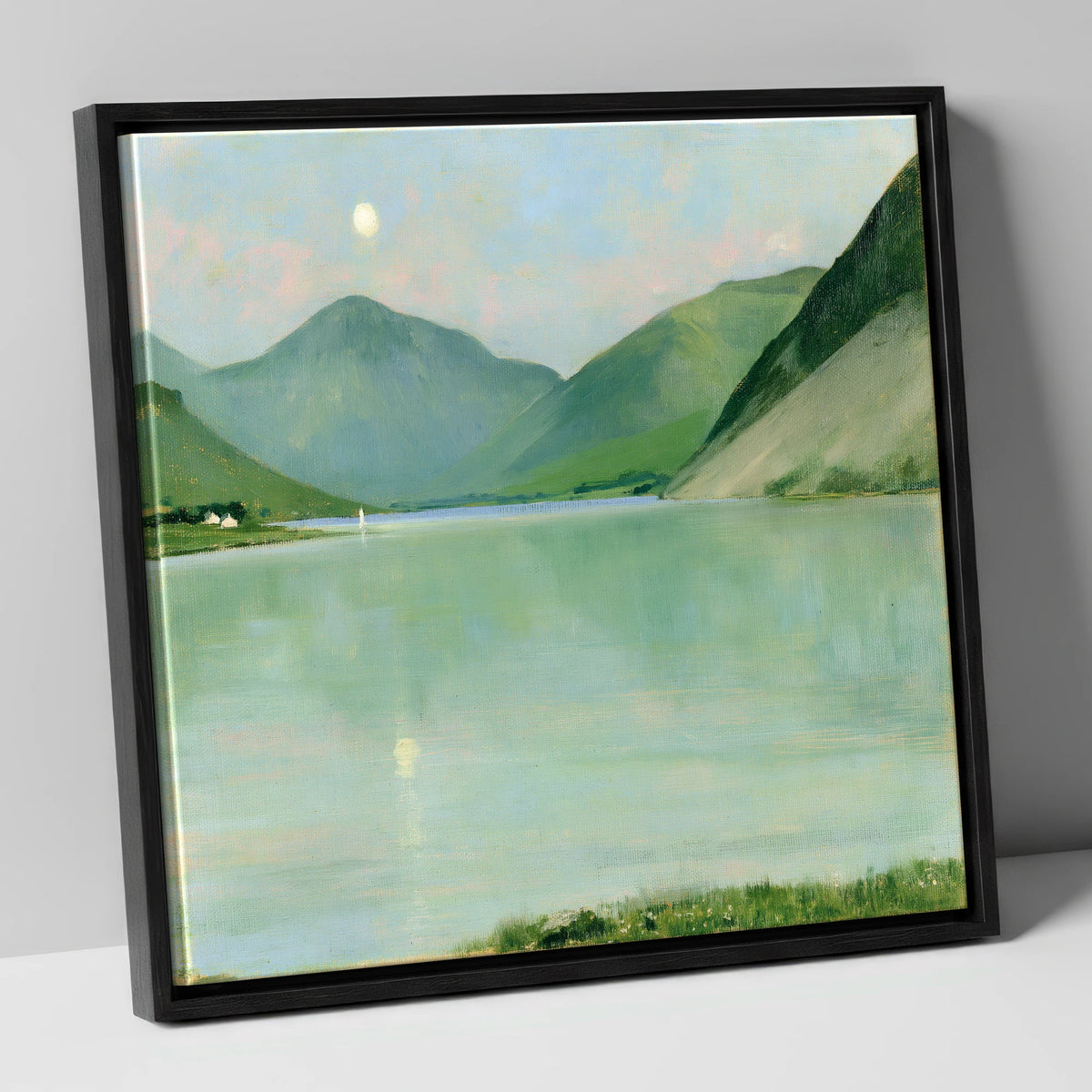 Pastel Moonrise Over Wastwater lake district sky canvas wall art in black frame