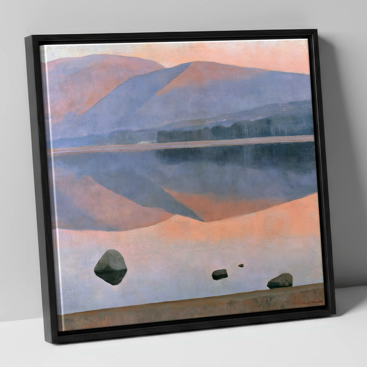 Dusk Fells Reflected on Calm Water lake district lake canvas wall art in black frame