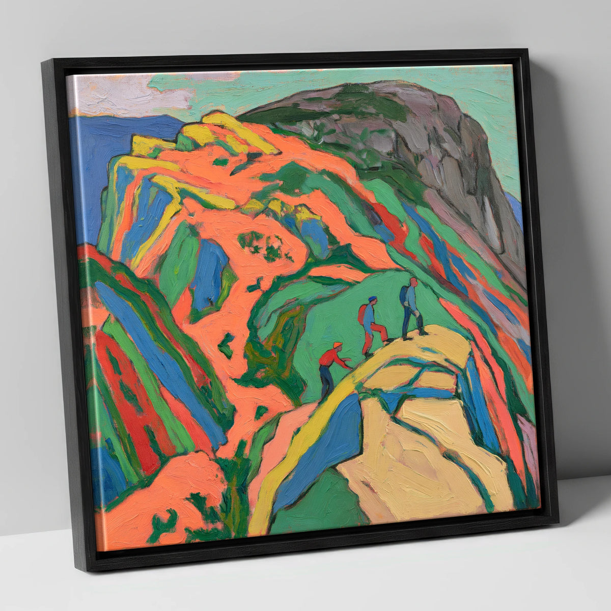 Climbers on the Bright Orange Crag lake district walking canvas wall art in black frame