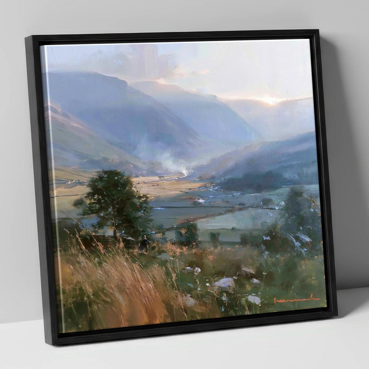Hazy Sunlight Over Dale Fields lake district valley canvas wall art in black frame