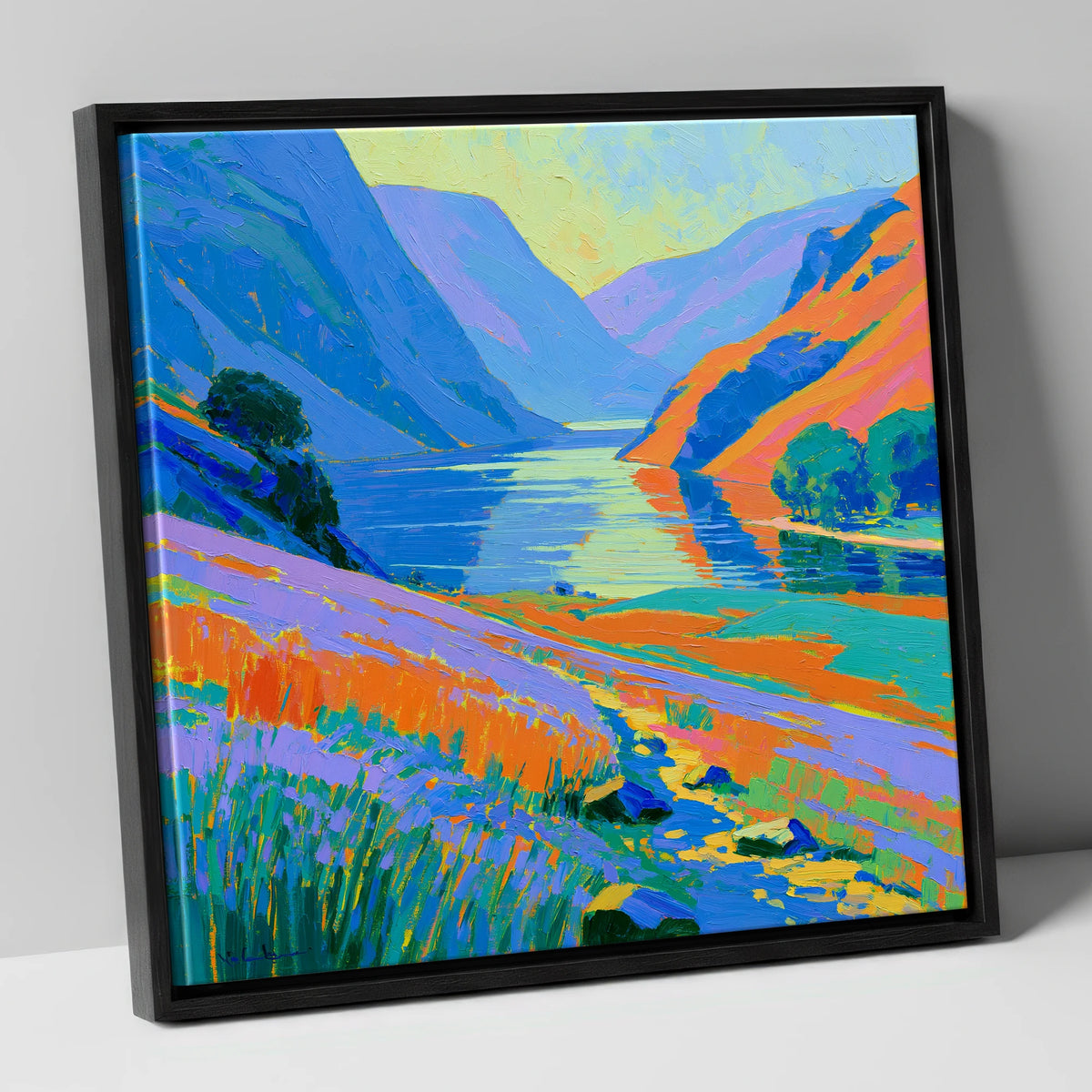 Vibrant Lake and Steep Fells lake district lake canvas wall art in black frame