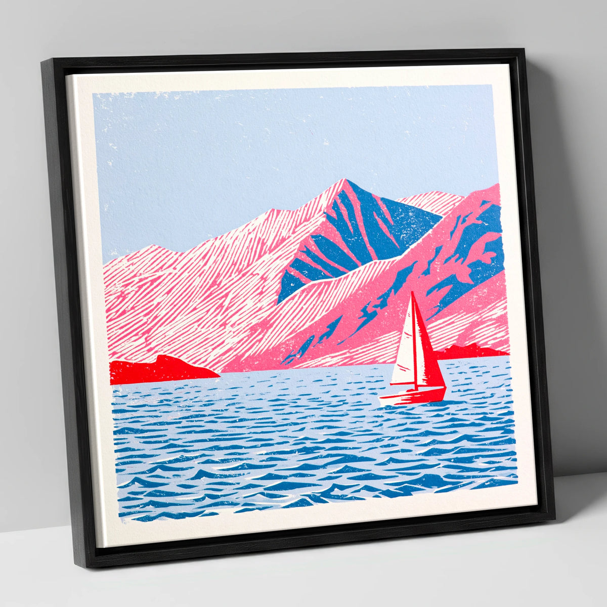 Red Sailboat on Vibrant Ullswater lake district lake canvas wall art in black frame