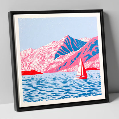 Red Sailboat on Vibrant Ullswater lake district lake canvas wall art in black frame