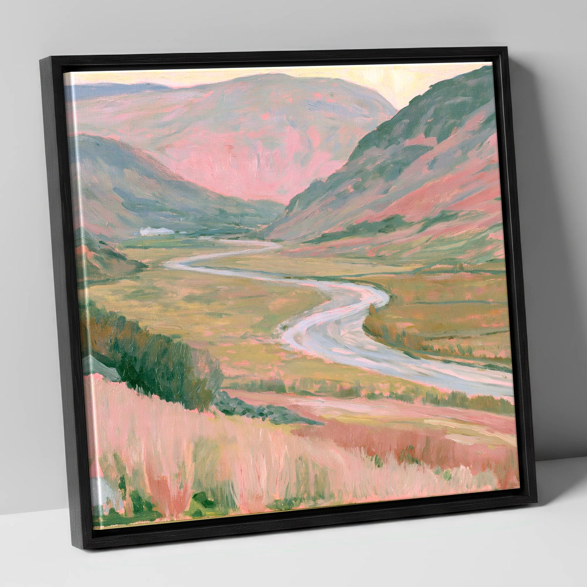 Winding River in Pastel Light lake district waterfall canvas wall art in black frame