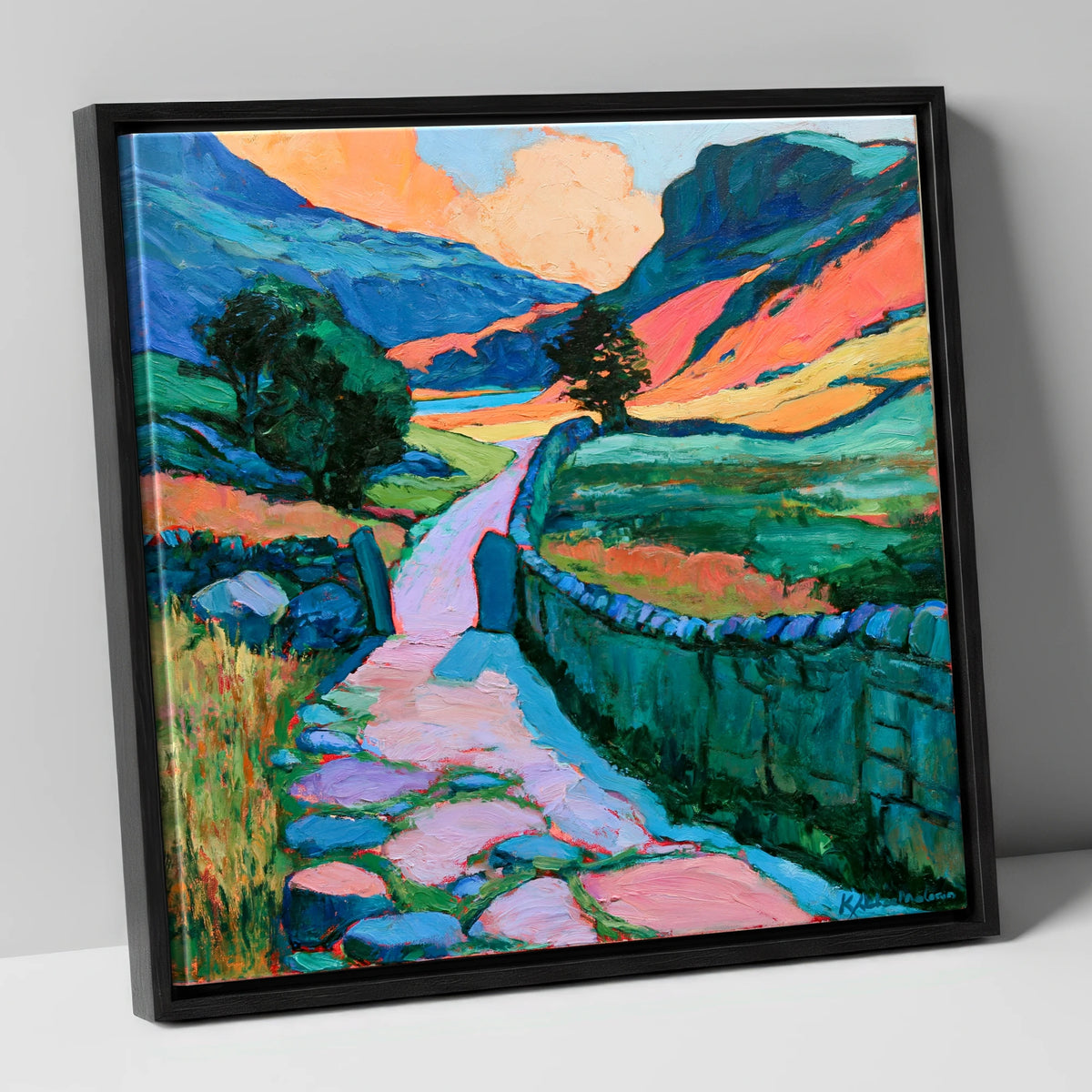 Vibrant Valley Path and Drystone Wall lake district valley canvas wall art in black frame