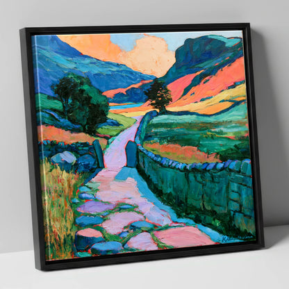 Vibrant Valley Path and Drystone Wall lake district valley canvas wall art in black frame