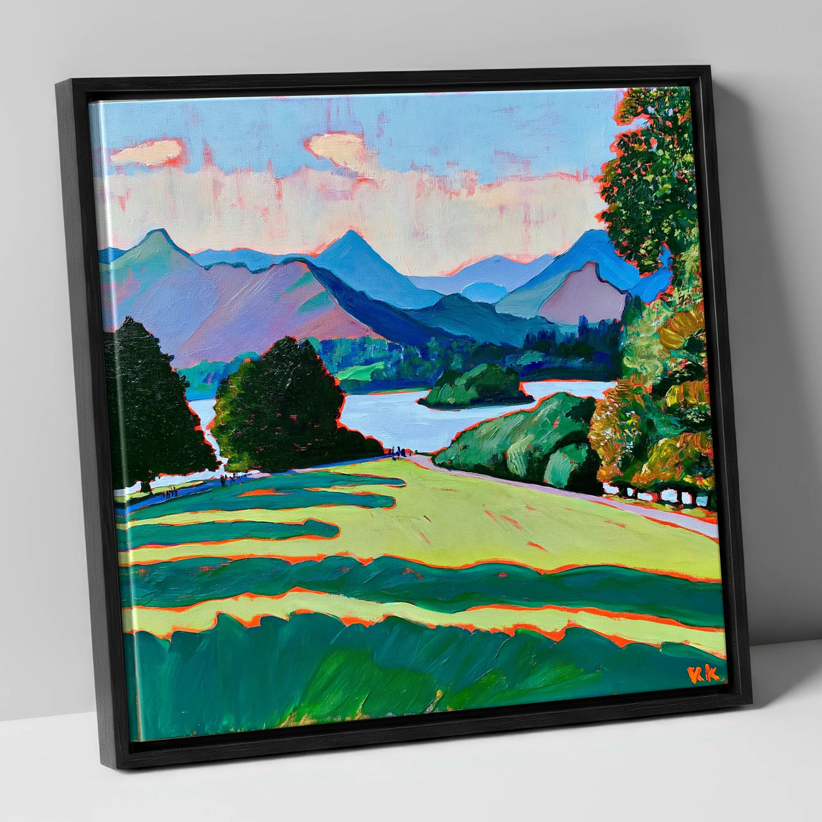 Vibrant Derwentwater From Crow Park lake district village canvas wall art in black frame