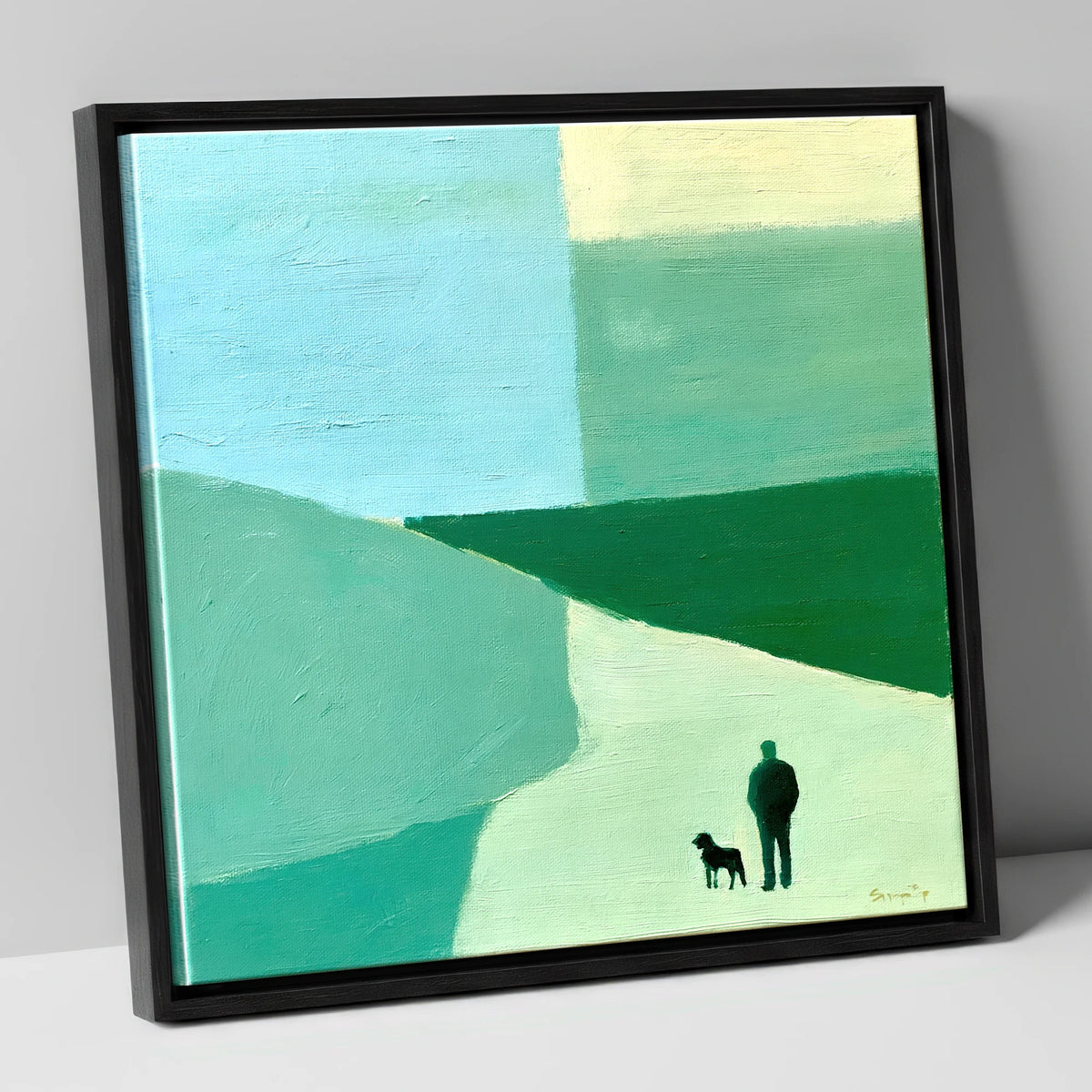 Shepherd and Dog Abstract Fells lake district wildlife canvas wall art in black frame