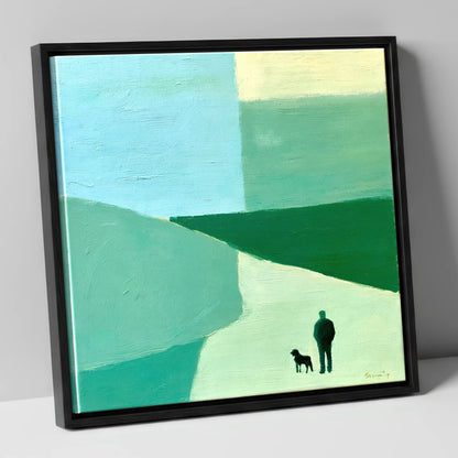 Shepherd and Dog Abstract Fells lake district wildlife canvas wall art in black frame