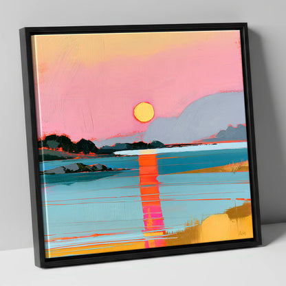 Vibrant Pink Sunset Over Water lake district lake canvas wall art in black frame