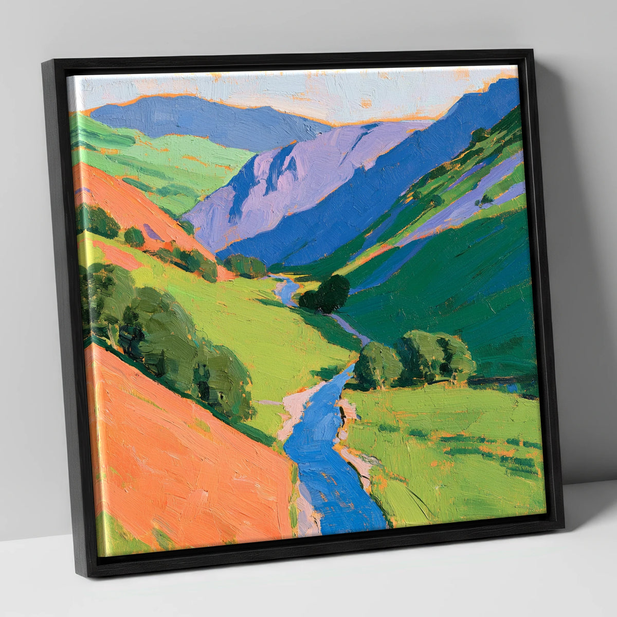 Cobalt River In Green Valley lake district valley canvas wall art in black frame
