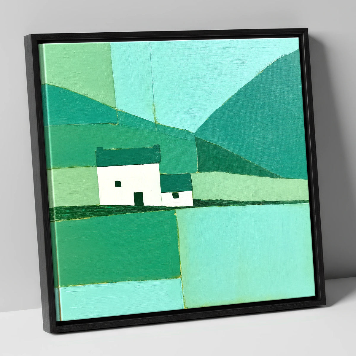 Geometric Grasmere Cottage and Fells lake district lake canvas wall art in black frame