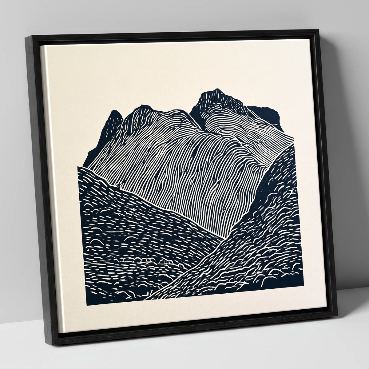 Graphic Monochrome Langdale Pikes lake district fell canvas wall art in black frame
