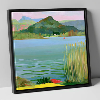 Vibrant Reeds on Grasmere Water lake district lake canvas wall art in black frame