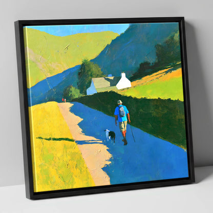 Sunlit Walker and Dog Near Patterdale gifts for dog walkers canvas wall art in black frame