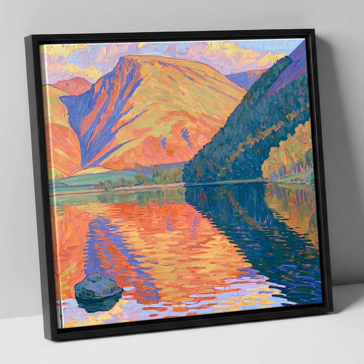 Vibrant Loweswater Sunset Reflections lake district lake canvas wall art in black frame