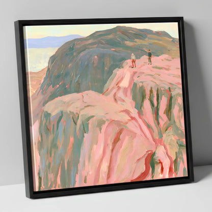 Climbers on a Rosy Crag lake district walking canvas wall art in black frame