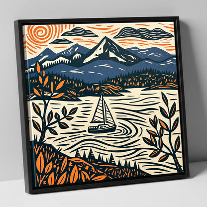 Navy and Orange Windermere Sailboat lake district lake canvas wall art in black frame