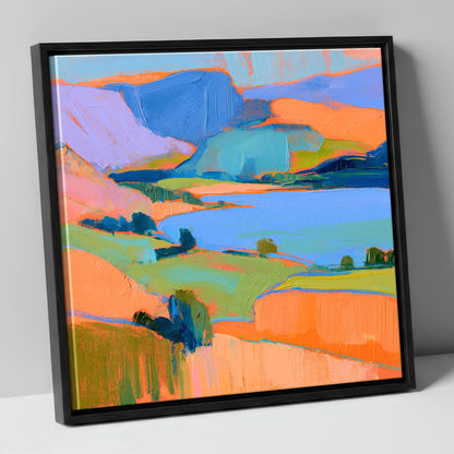 Vibrant Fells And Blue Lake lake district lake canvas wall art in black frame