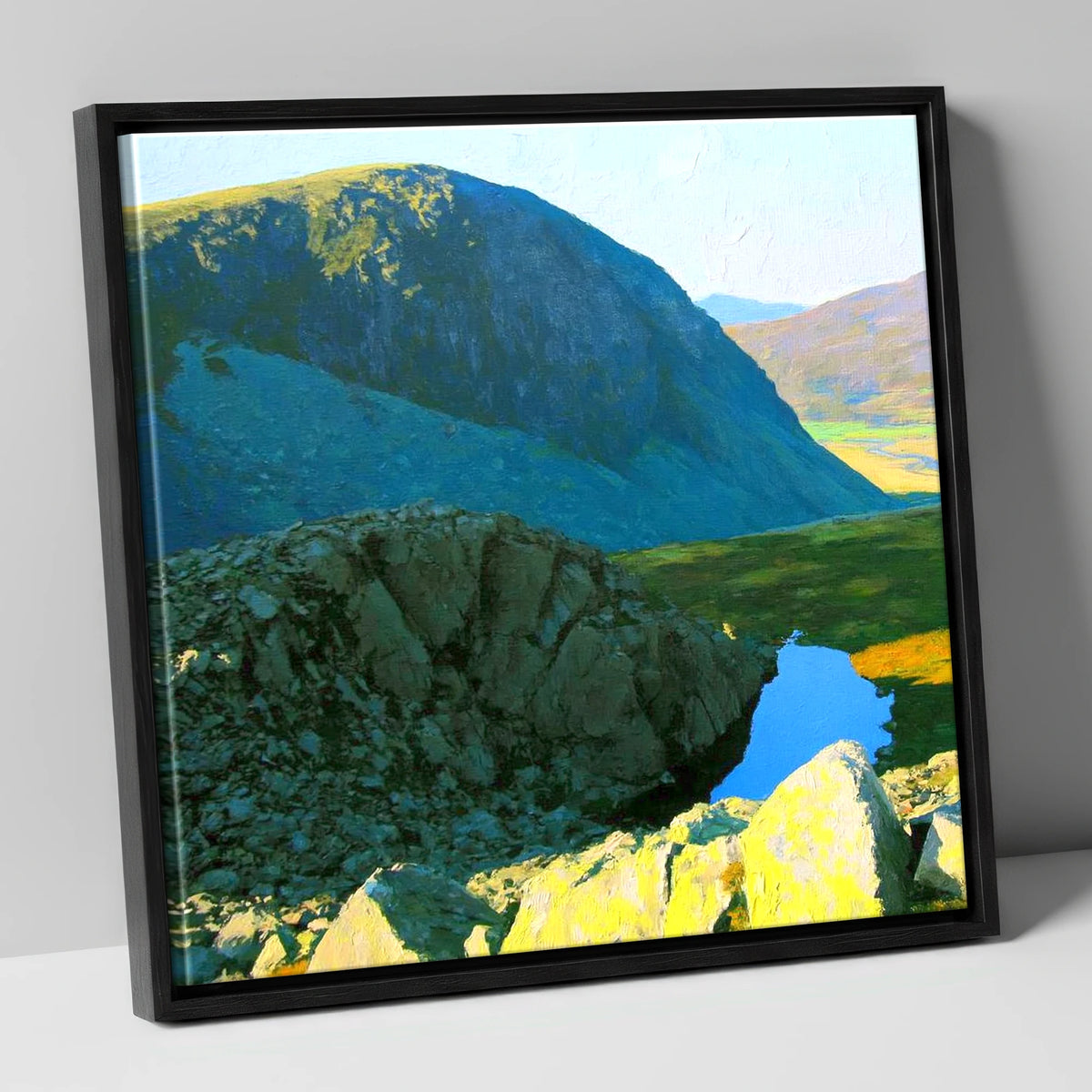 High Crag and Sunlit Tarn lake district fell canvas wall art in black frame