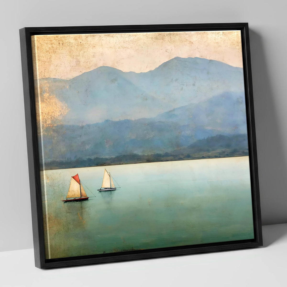 Windermere Sailboats in Teal and Gold lake district lake canvas wall art in black frame