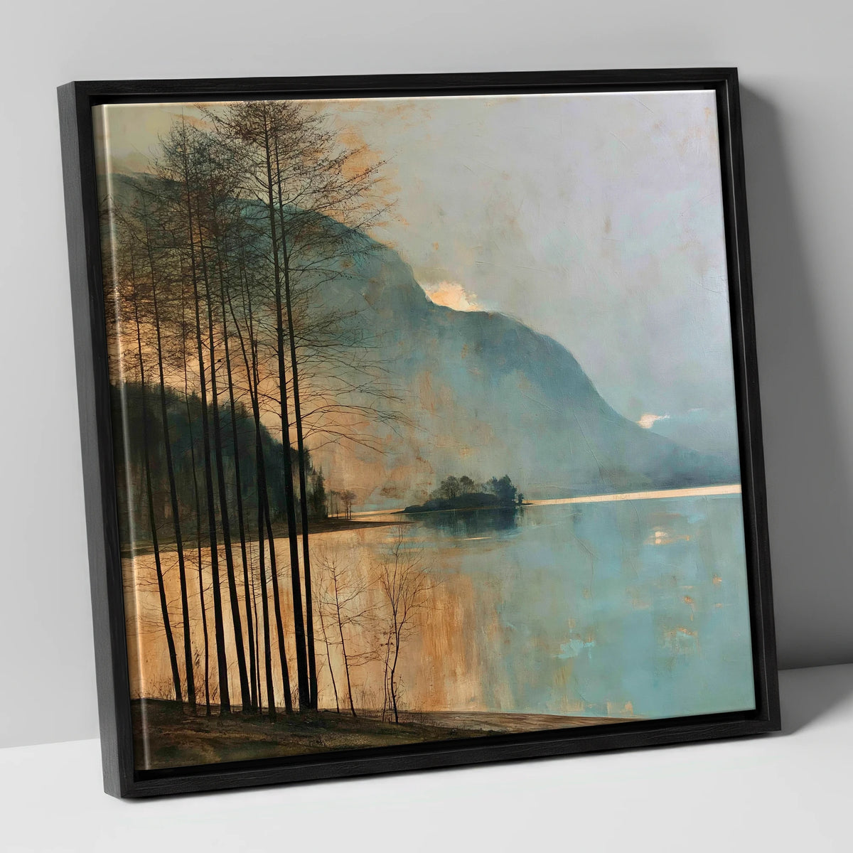 Grasmere Island in Golden Light lake district lake canvas wall art in black frame