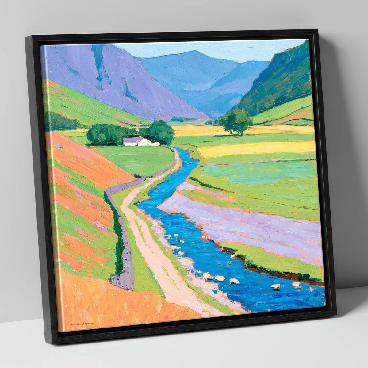 Winding Beck Through Vibrant Fells lake district valley canvas wall art in black frame