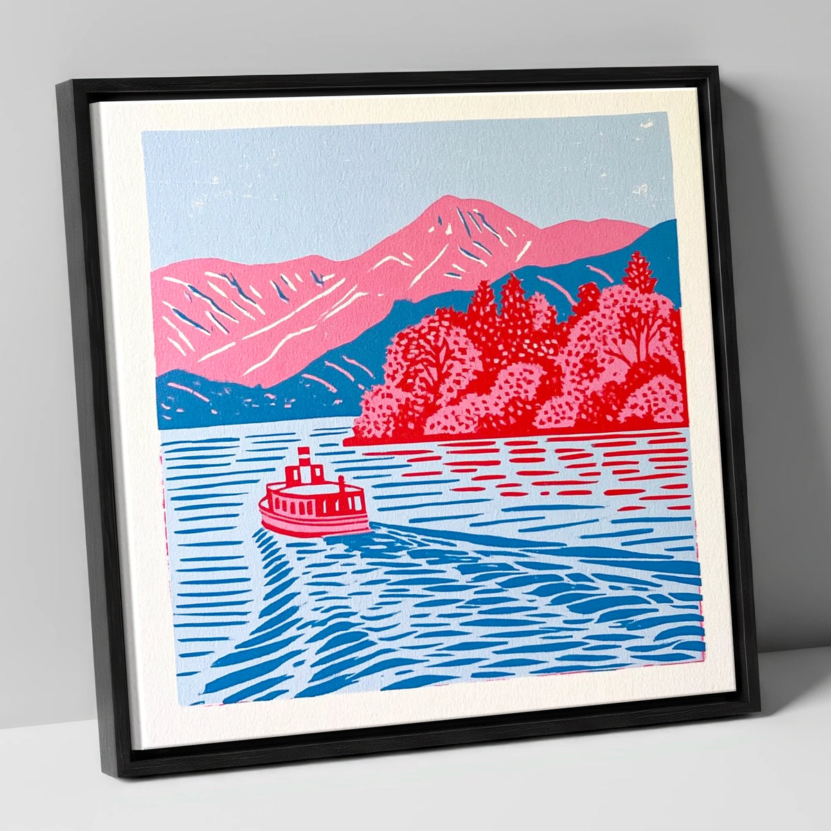 Vibrant Derwentwater Boat and Fells lake district lake canvas wall art in black frame