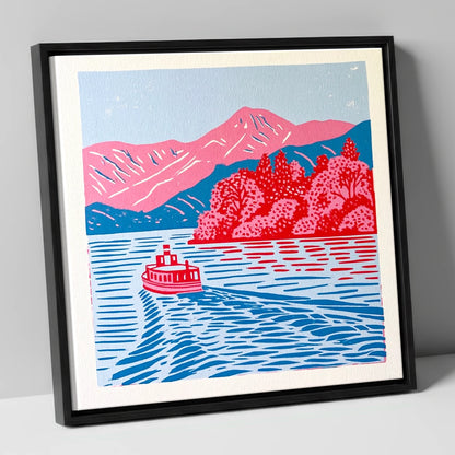 Vibrant Derwentwater Boat and Fells lake district lake canvas wall art in black frame