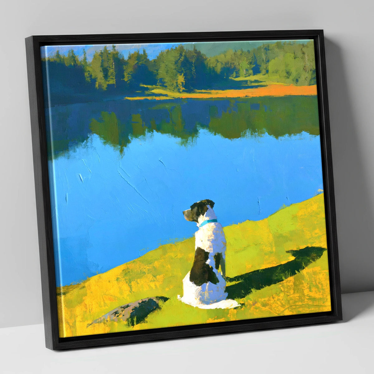 Sunlit Dog Beside Tarn Hows tarn hows wall art canvas wall art in black frame