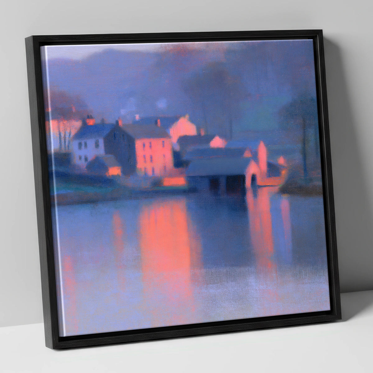 Lakeside Village in Pink Twilight lake district village canvas wall art in black frame