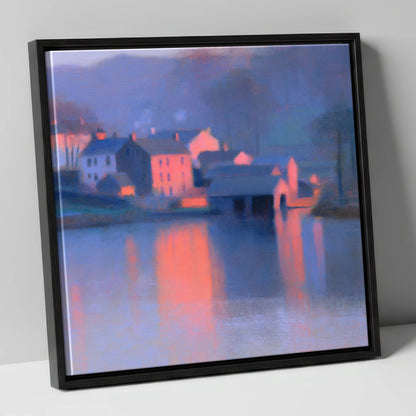 Lakeside Village in Pink Twilight lake district village canvas wall art in black frame