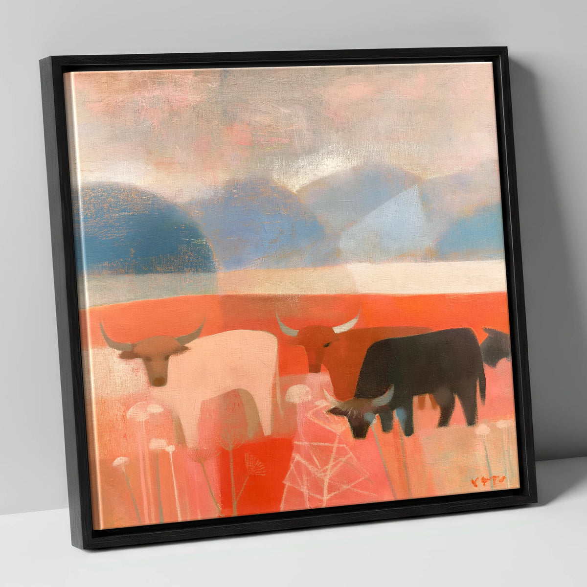 Highland Cattle against Slate Fells lake district wildlife canvas wall art in black frame