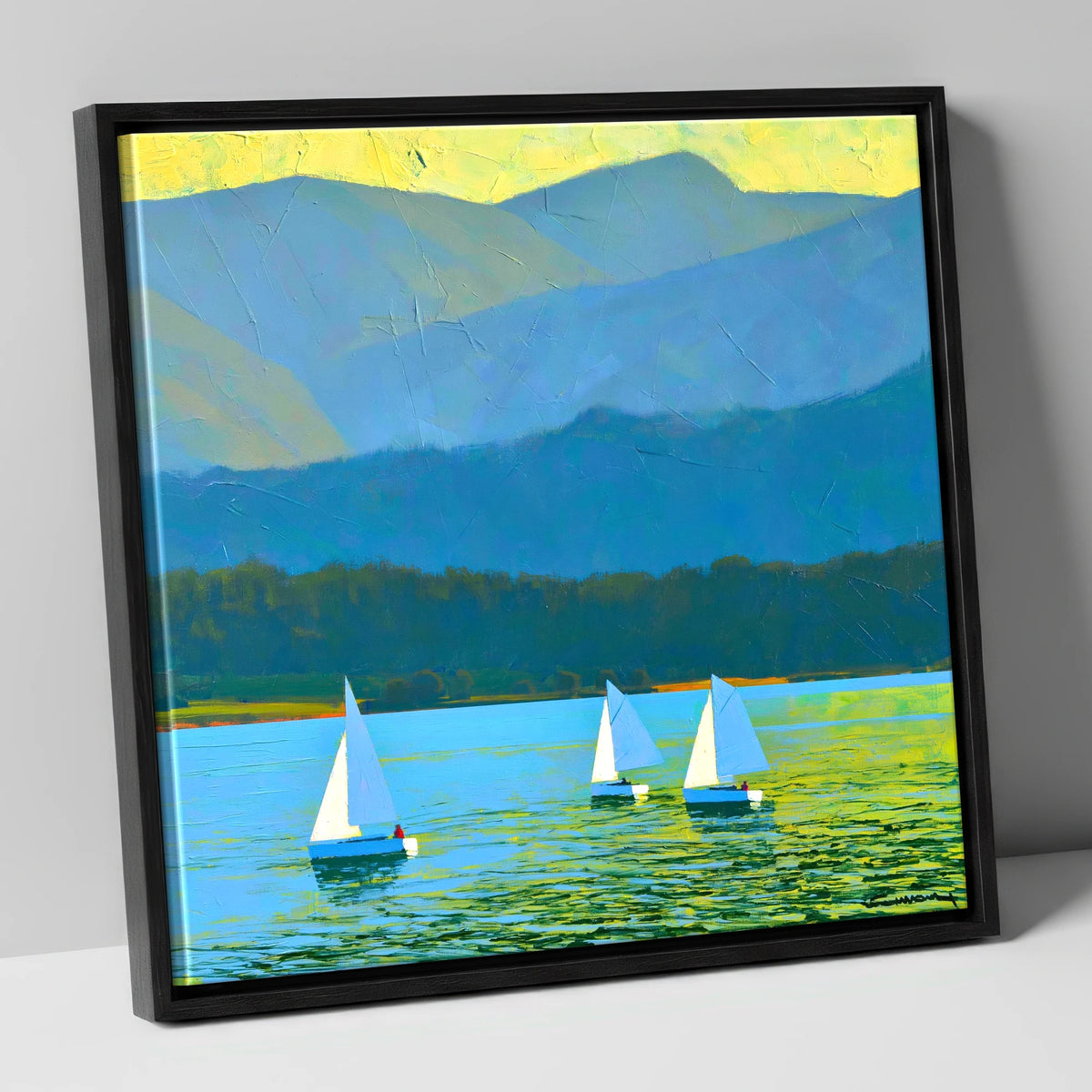 Windermere Sailboats Against Blue Fells lake district lake canvas wall art in black frame